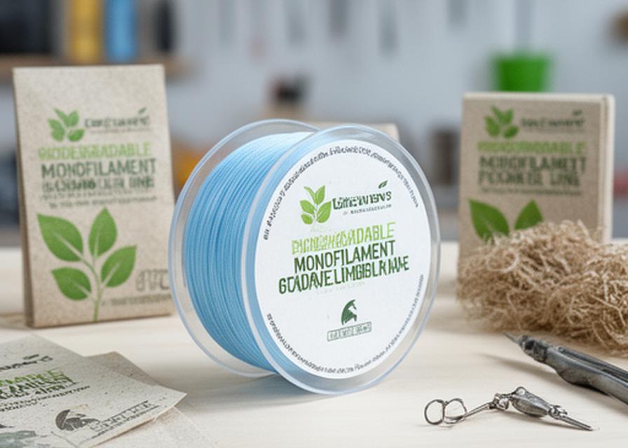 Biodegradable monofilament spool on a workbench beside plant-based packaging and tackle tools
