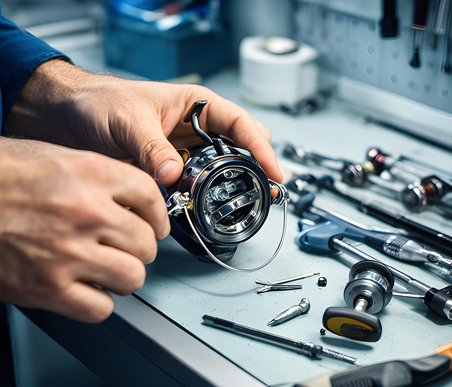 Technician repairing a fishing reel beside a workbench with organised tools in a Phoenix tackle shop
